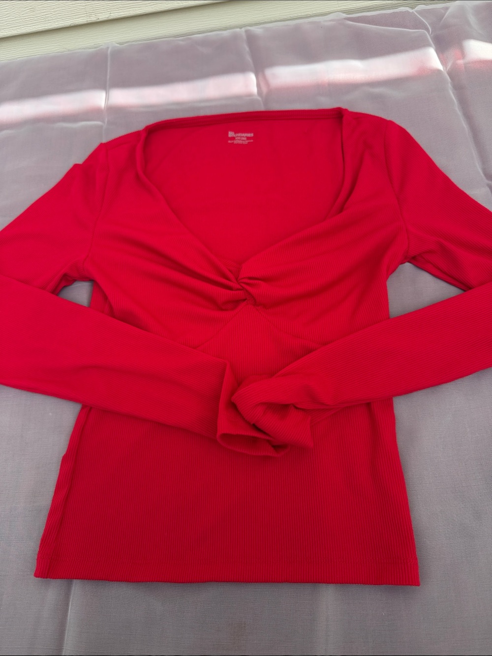 No Boundaries Bright Red Twist-Front Ribbed Long Sleeve Top
